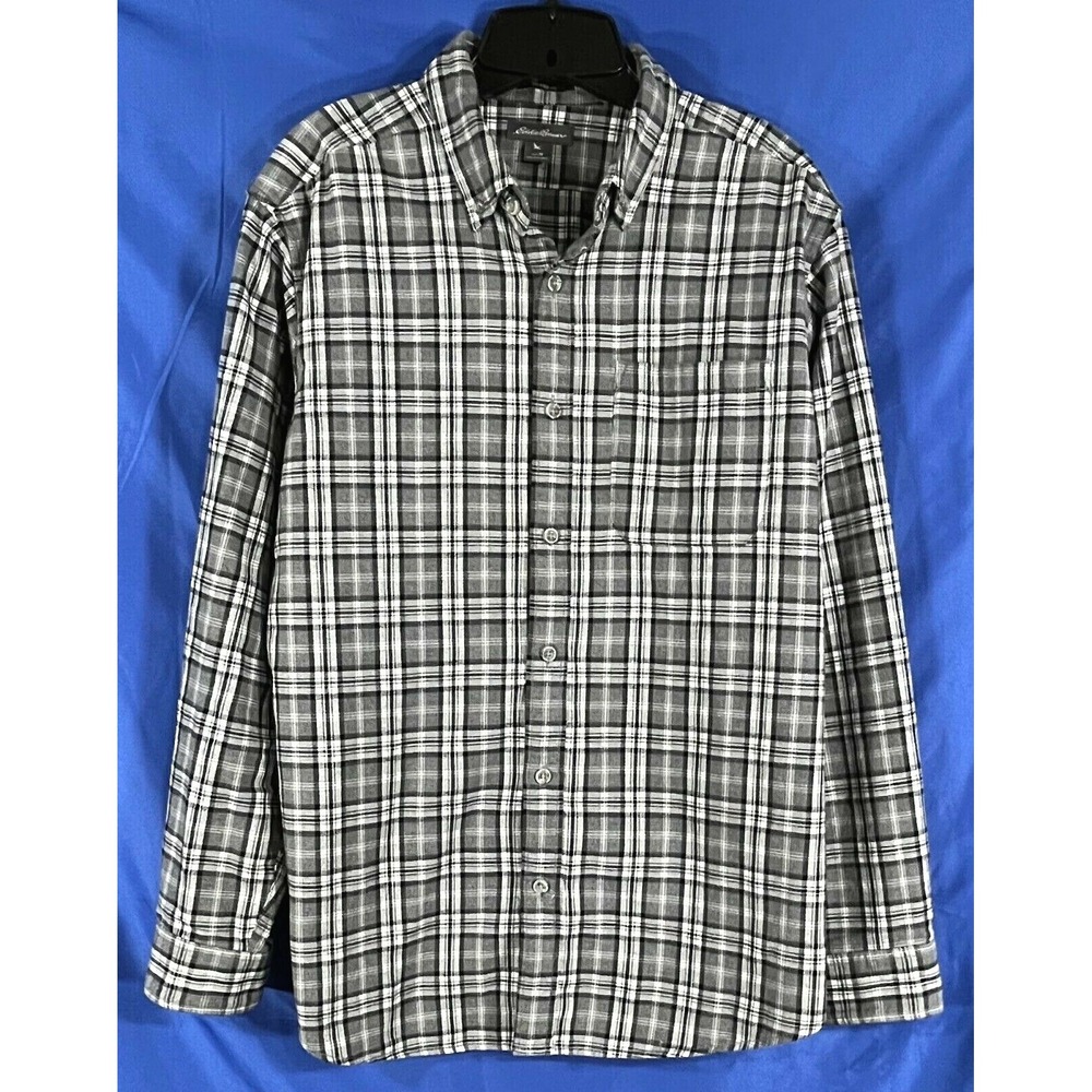 EDDIE BAUER Relaxed Fit PLAID FLANNEL Gray/Black/White MEN'S Button-Up SHIRT M